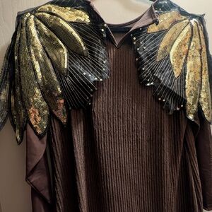 Brown Top with Gold Sequin Feather Detail